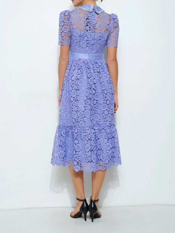 Pearl Embellished Collar Lace Midi Dress PURPLE BLUE-Dress-INA-S-PURPLE BLUE-Urbanheer