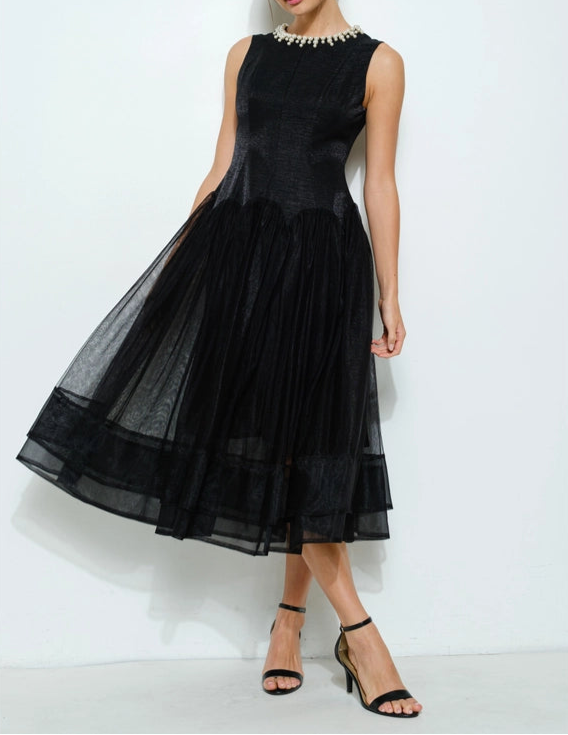 Pearl Embellished Sheer Tulle Midi Dress BLACK from INA exclusive at – Urbanheer