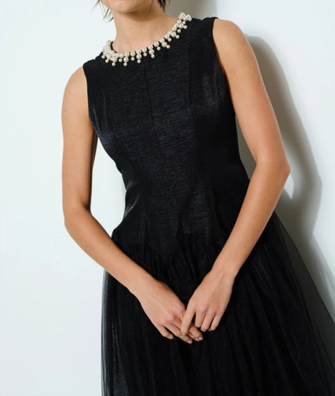 Pearl Embellished Sheer Tulle Midi Dress BLACK-Dress-INA-S-BLACK-Urbanheer