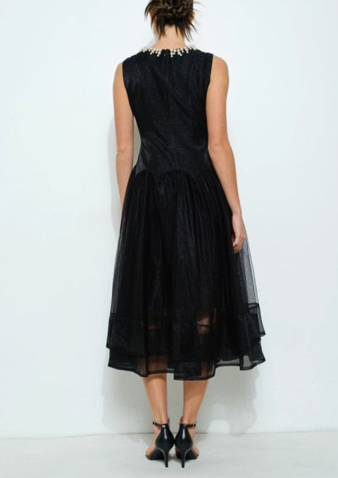 Pearl Embellished Sheer Tulle Midi Dress BLACK-Dress-INA-S-BLACK-Urbanheer