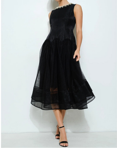 Pearl Embellished Sheer Tulle Midi Dress BLACK-Dress-INA-S-BLACK-Urbanheer