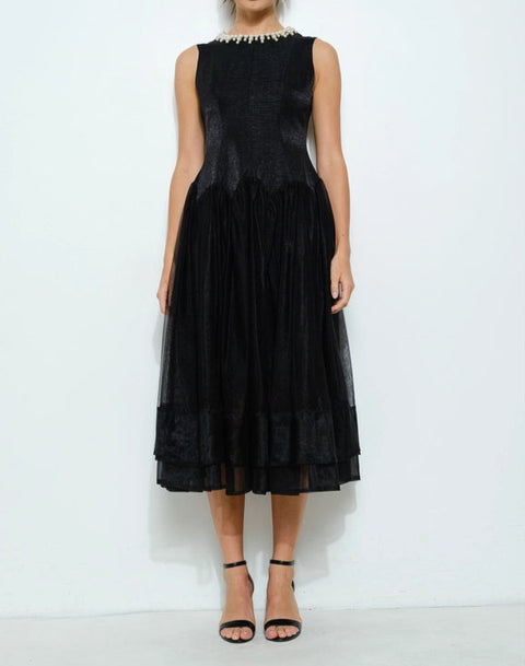 Pearl Embellished Sheer Tulle Midi Dress BLACK-Dress-INA-S-BLACK-Urbanheer