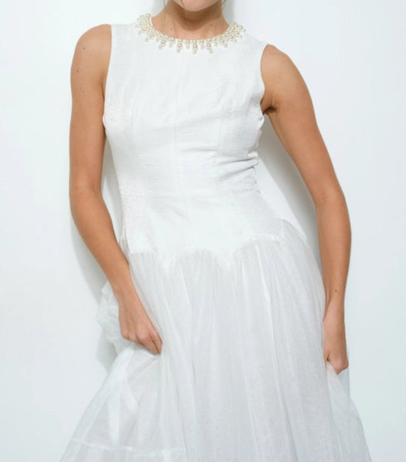 Pearl Embellished Sheer Tulle Midi Dress WHITE-Dress-INA-S-WHITE-Urbanheer