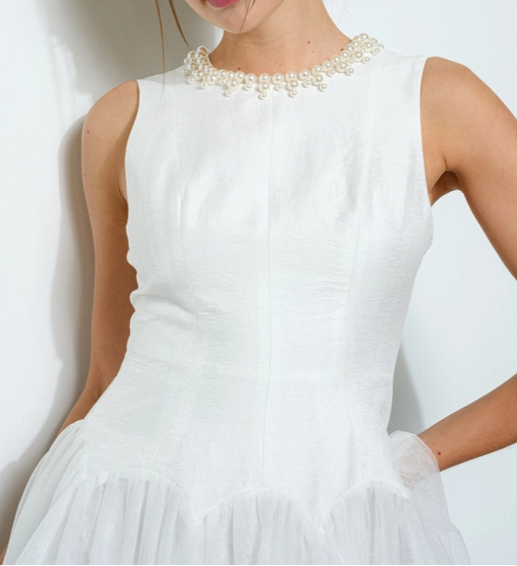 Pearl Embellished Sheer Tulle Midi Dress WHITE-Dress-INA-S-WHITE-Urbanheer