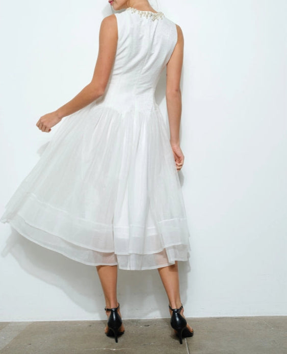 Pearl Embellished Sheer Tulle Midi Dress WHITE-Dress-INA-S-WHITE-Urbanheer