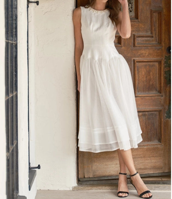 Pearl Embellished Sheer Tulle Midi Dress WHITE-Dress-INA-S-WHITE-Urbanheer