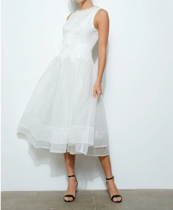 Pearl Embellished Sheer Tulle Midi Dress WHITE-Dress-INA-S-WHITE-Urbanheer