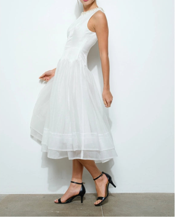 Pearl Embellished Sheer Tulle Midi Dress WHITE-Dress-INA-S-WHITE-Urbanheer