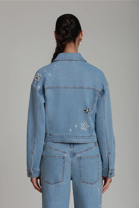 Pearl Fleur Embellished Stretch Denim Jacket