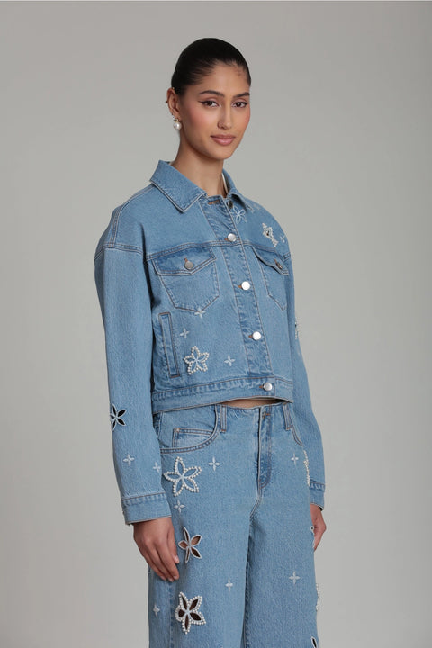 Pearl Fleur Embellished Stretch Denim Jacket