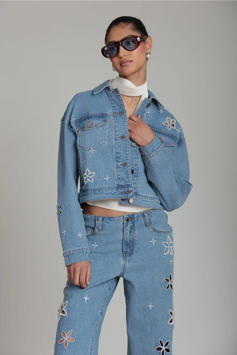Pearl Fleur Embellished Stretch Denim Jacket