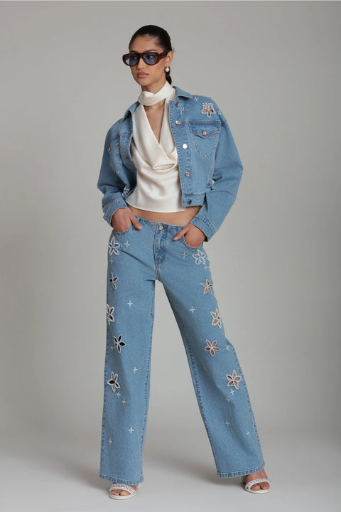 Pearl Fleur Embellished Stretch Denim Jacket