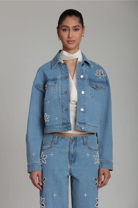 Pearl Fleur Embellished Stretch Denim Jacket