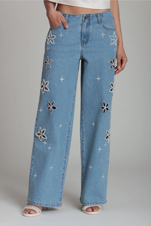Pearl Fleur Embellished Stretch Denim Jean