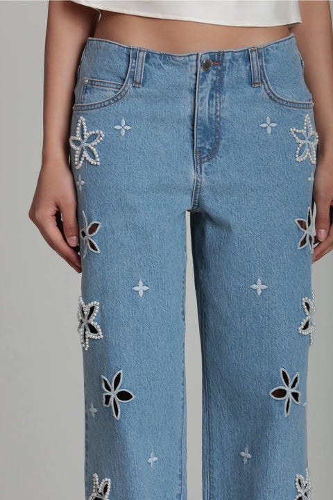Pearl Fleur Embellished Stretch Denim Jean