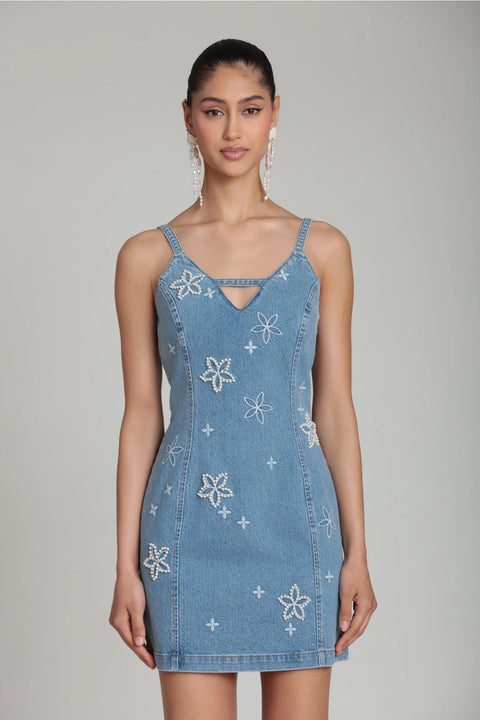 Pearl Fleur Embellished Stretch Denim Mini Dress