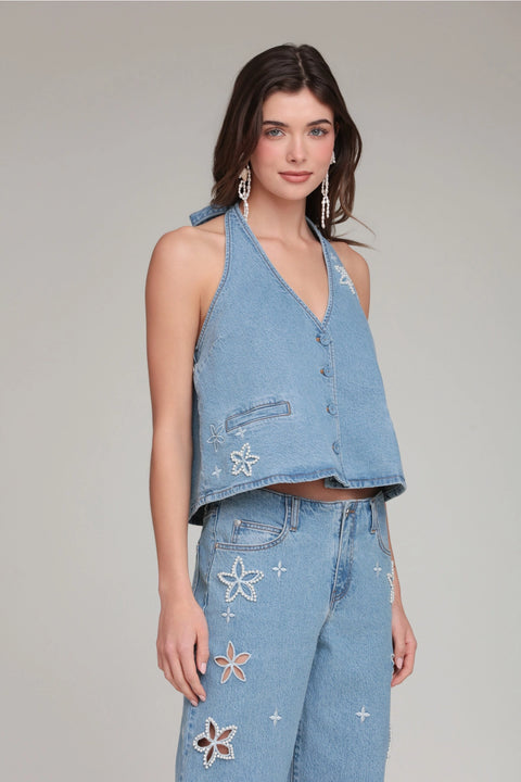 Pearl Fleur Embellished Stretch Denim Vest