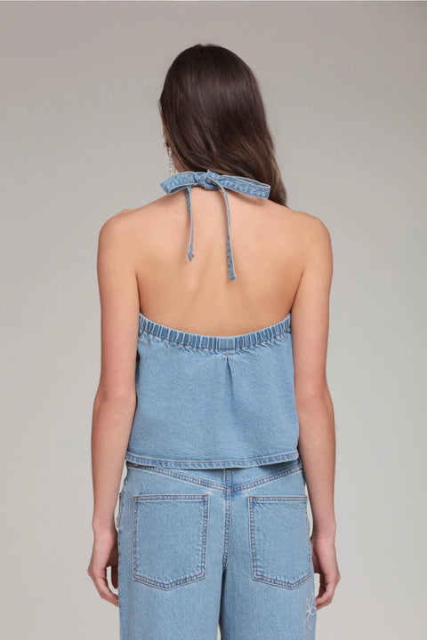 Pearl Fleur Embellished Stretch Denim Vest Top