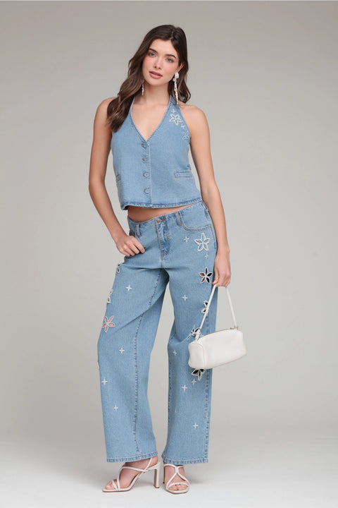 Pearl Fleur Embellished Stretch Denim Vest Top