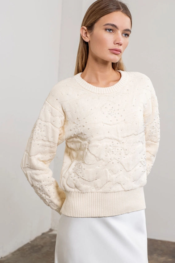 Pearl Trim Crewneck Pullover Sweater-Sweater-Moon River-XS-CREAM-Urbanheer