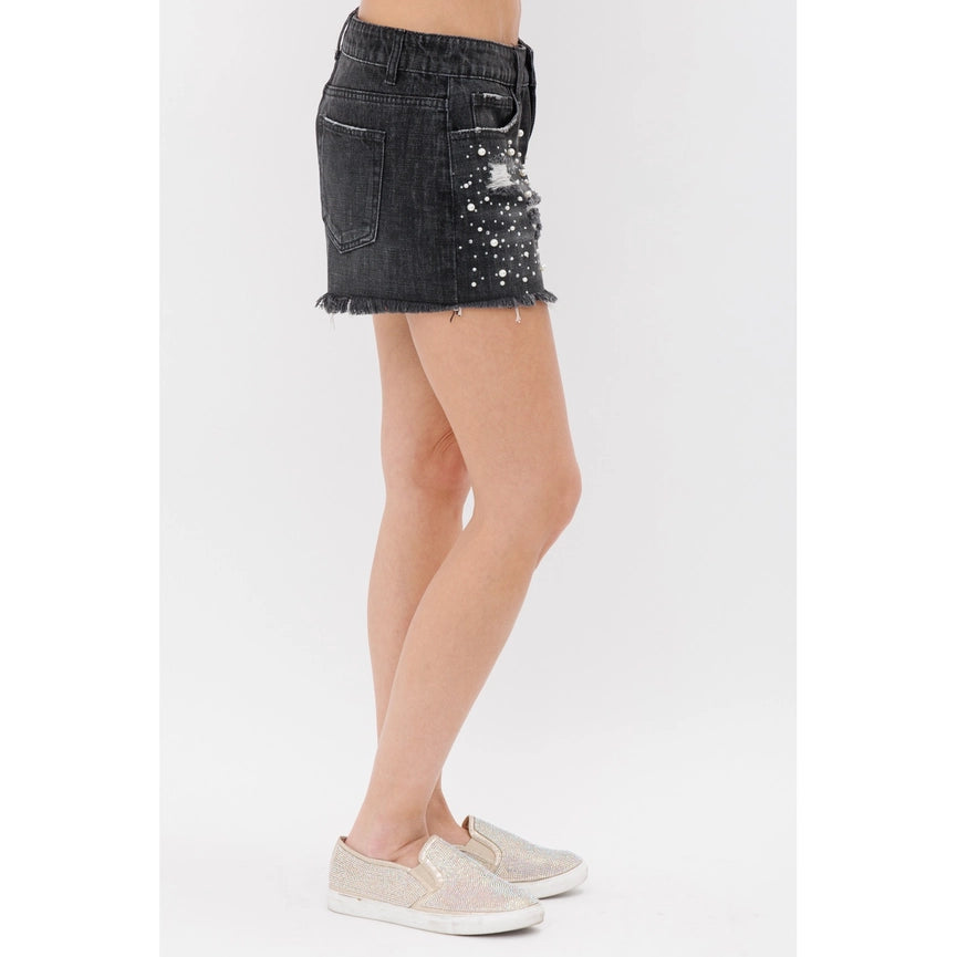 Pearl and Stone Embellished Denim Shorts BLACK-Shorts-VOCAL-S-BLACK-Urbanheer