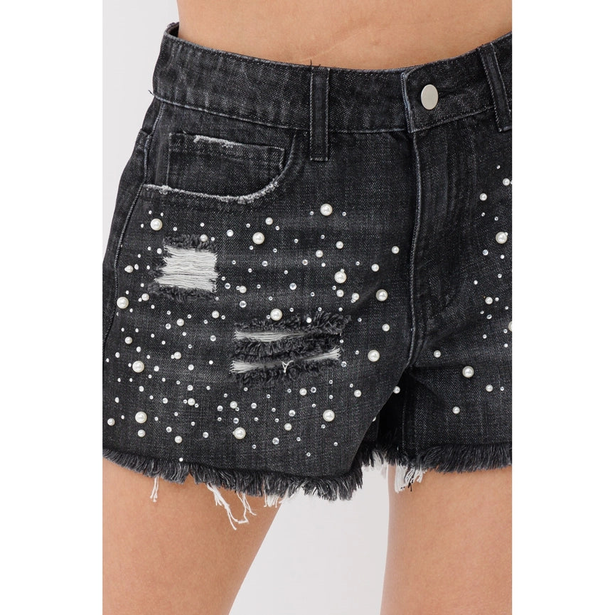 Pearl and Stone Embellished Denim Shorts BLACK-Shorts-VOCAL-S-BLACK-Urbanheer
