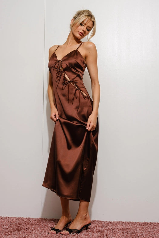 Peekaboo Self Tie Satin Maxi Dress CHOCOLATE from Pretty Garbage ...