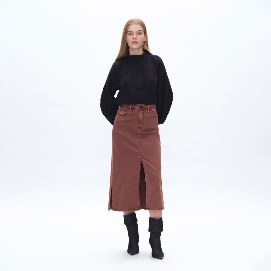 Pencil Twill Midi Skirt(Finished Hem,Slit) CAPPUCCINO-Skirt-BAYEAS-24-CAPPUCCINO-Urbanheer