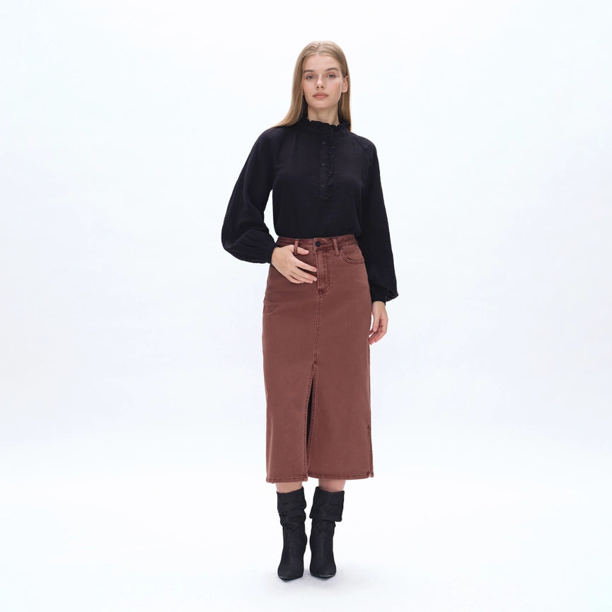 Pencil Twill Midi Skirt(Finished Hem,Slit) CAPPUCCINO-Skirt-BAYEAS-24-CAPPUCCINO-Urbanheer