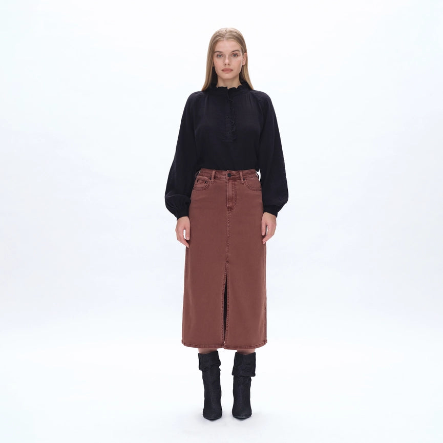 Pencil Twill Midi Skirt(Finished Hem,Slit) CAPPUCCINO-Skirt-BAYEAS-24-CAPPUCCINO-Urbanheer