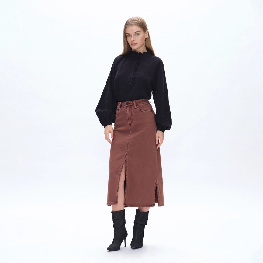 Pencil Twill Midi Skirt(Finished Hem,Slit) CAPPUCCINO-Skirt-BAYEAS-24-CAPPUCCINO-Urbanheer