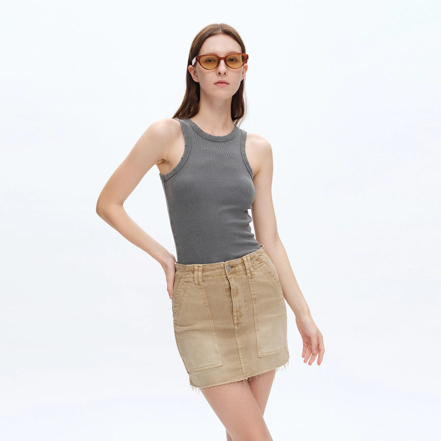 Pencil Twill Mini Skirt with Raw Hem-Skirt-BAYEAS-S-FADED KHAKI-Urbanheer