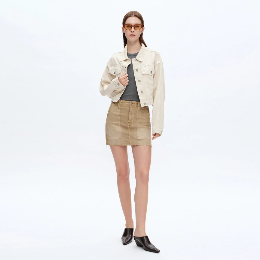 Pencil Twill Mini Skirt with Raw Hem-Skirt-BAYEAS-S-FADED KHAKI-Urbanheer