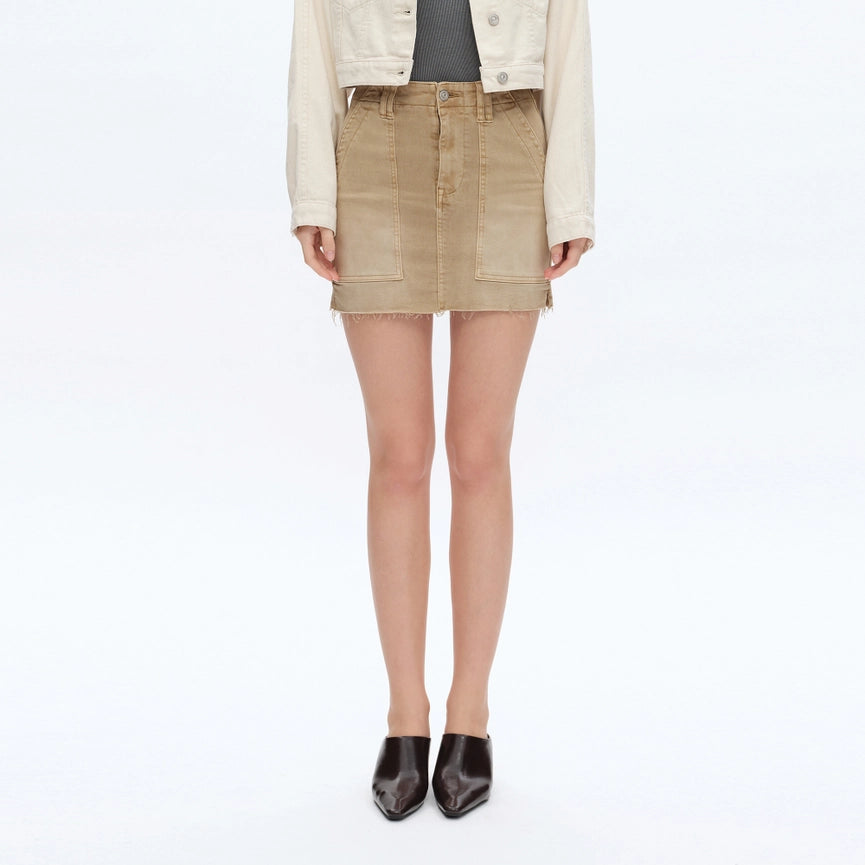 Pencil Twill Mini Skirt with Raw Hem-Skirt-BAYEAS-S-FADED KHAKI-Urbanheer