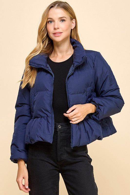 Peplum Bubbled Hem Puffer Jacket-Puffer Jacket-TCEC-S-NAVY-Urbanheer