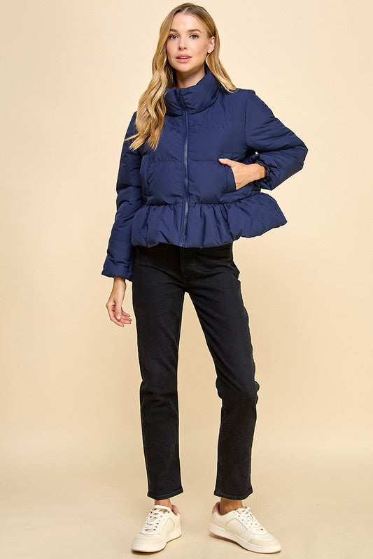 Peplum Bubbled Hem Puffer Jacket-Puffer Jacket-TCEC-S-Black-Urbanheer
