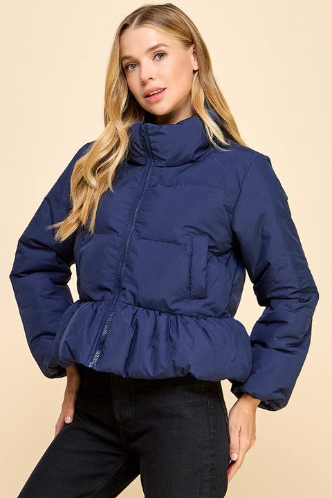 Peplum Bubbled Hem Puffer Jacket-Puffer Jacket-TCEC-S-Black-Urbanheer