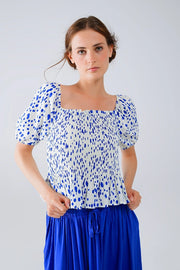 Peplum Shirred White Blouse with Blue Polka Dots-Blouse-Q2-S-Blue-Urbanheer