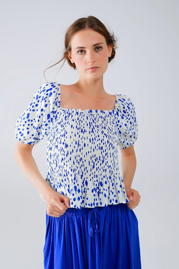 Peplum Shirred White Blouse with Blue Polka Dots-Blouse-Q2-S-Blue-Urbanheer