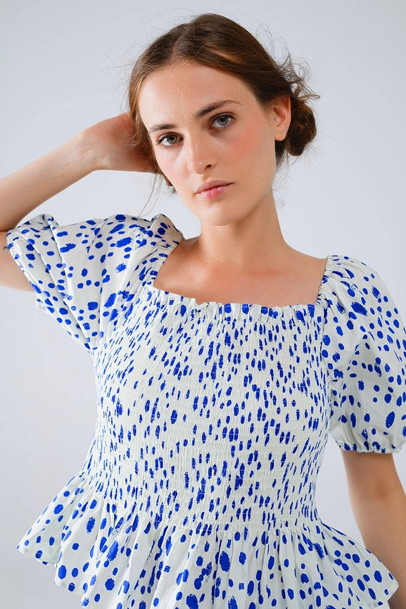 Peplum Shirred White Blouse with Blue Polka Dots-Blouse-Q2-S-Blue-Urbanheer