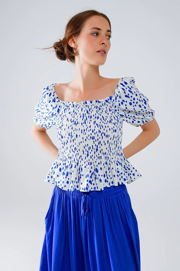 Peplum Shirred White Blouse with Blue Polka Dots-Blouse-Q2-S-Blue-Urbanheer