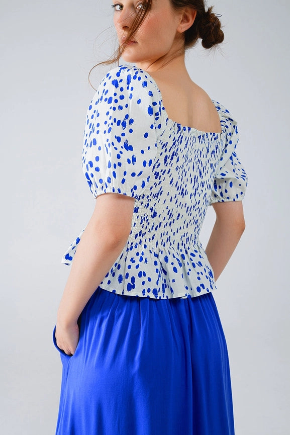 Peplum Shirred White Blouse with Blue Polka Dots-Blouse-Q2-S-Blue-Urbanheer
