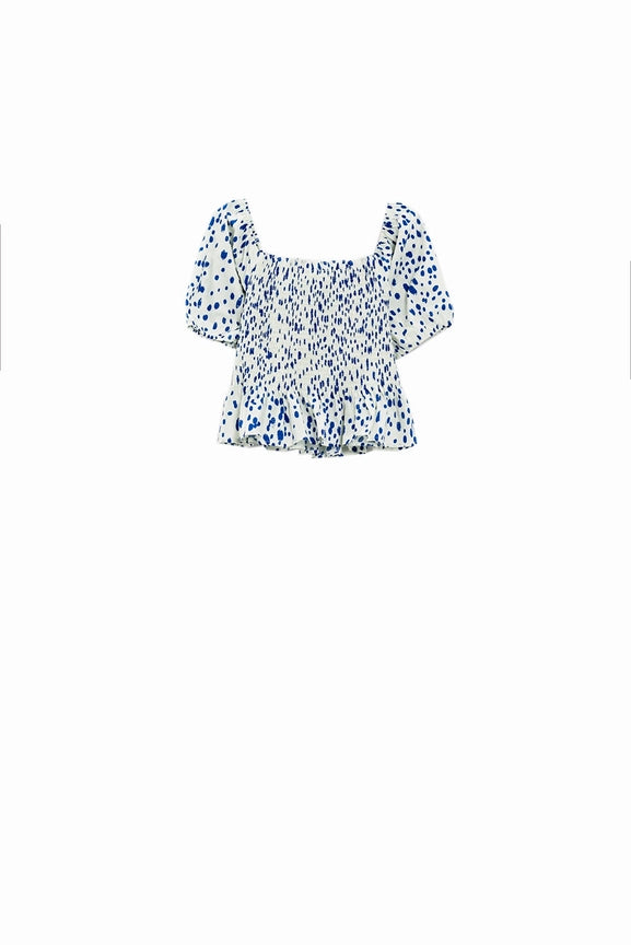 Peplum Shirred White Blouse with Blue Polka Dots-Blouse-Q2-S-Blue-Urbanheer