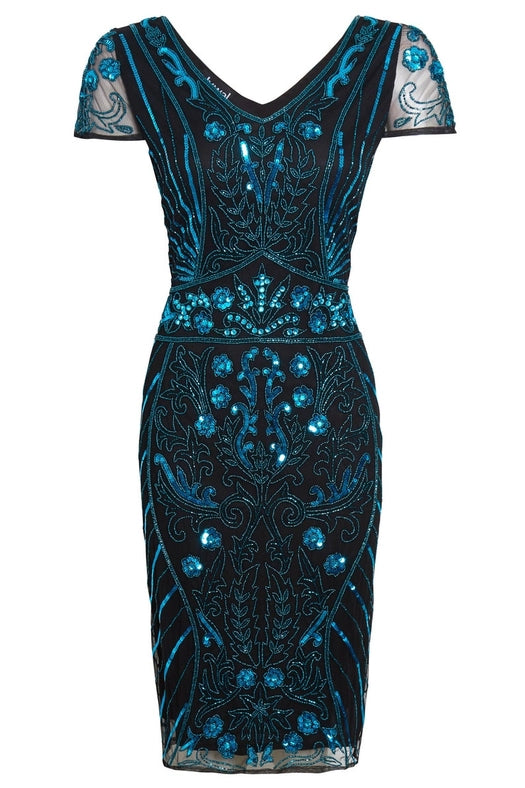 Philippa Embellished Blue Flapper Dress-Dress-Jywal London®-S-Urbanheer