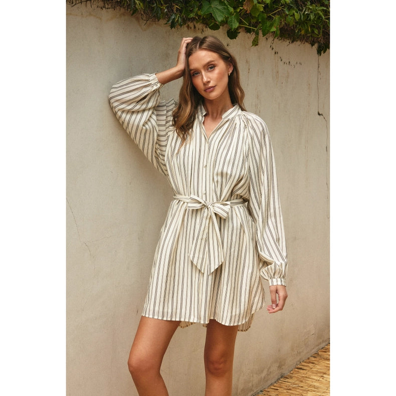 Pin Stripe Bubble Sleeve Shirt Dress-Dress-Dress Forum-S-BROWN/IVORY-Urbanheer