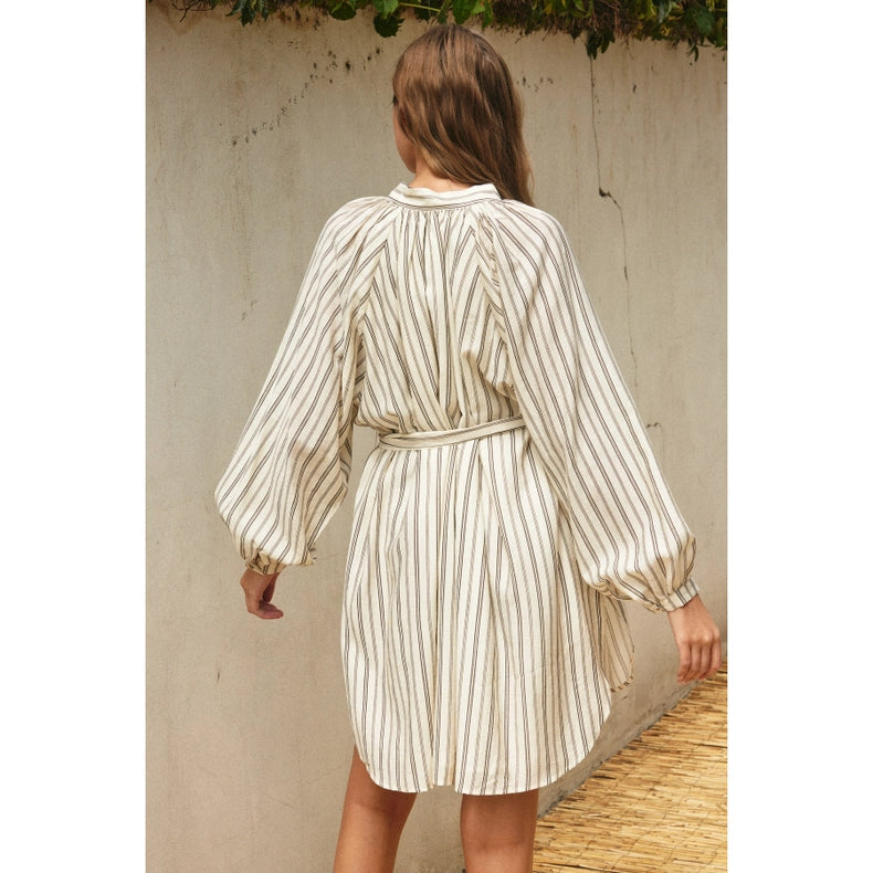 Pin Stripe Bubble Sleeve Shirt Dress-Dress-Dress Forum-S-BROWN/IVORY-Urbanheer