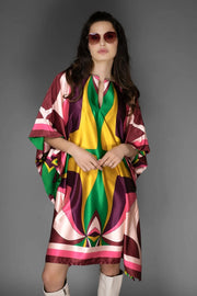 Pink Abstract Print Short Satin Kaftan Dress-Dress-Nuvula-S-Pink Multi-Urbanheer