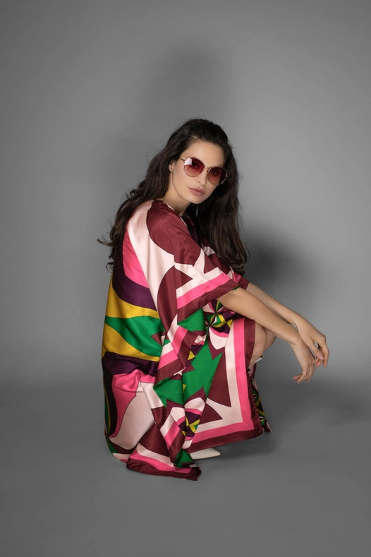 Pink Abstract Print Short Satin Kaftan Dress-Dress-Nuvula-S-Pink Multi-Urbanheer