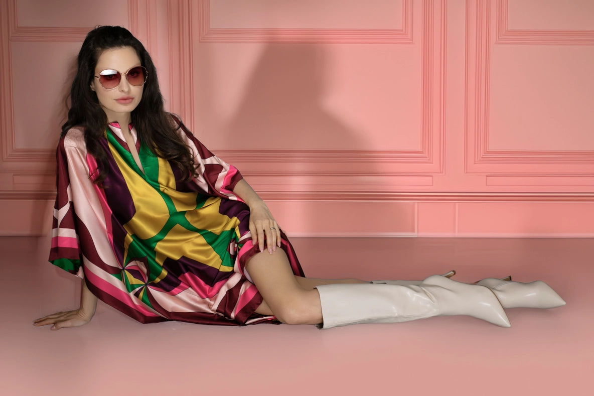 Pink Abstract Print Short Satin Kaftan Dress-Dress-Nuvula-S-Pink Multi-Urbanheer