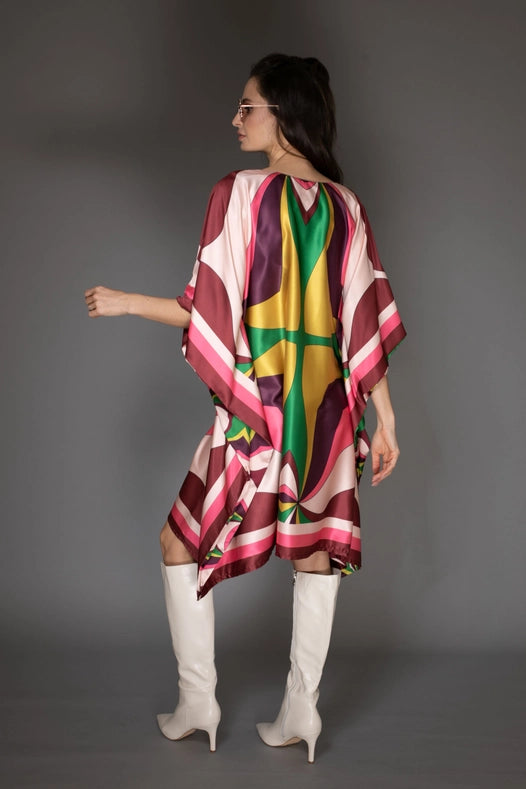 Pink Abstract Print Short Satin Kaftan Dress-Dress-Nuvula-S-Pink Multi-Urbanheer
